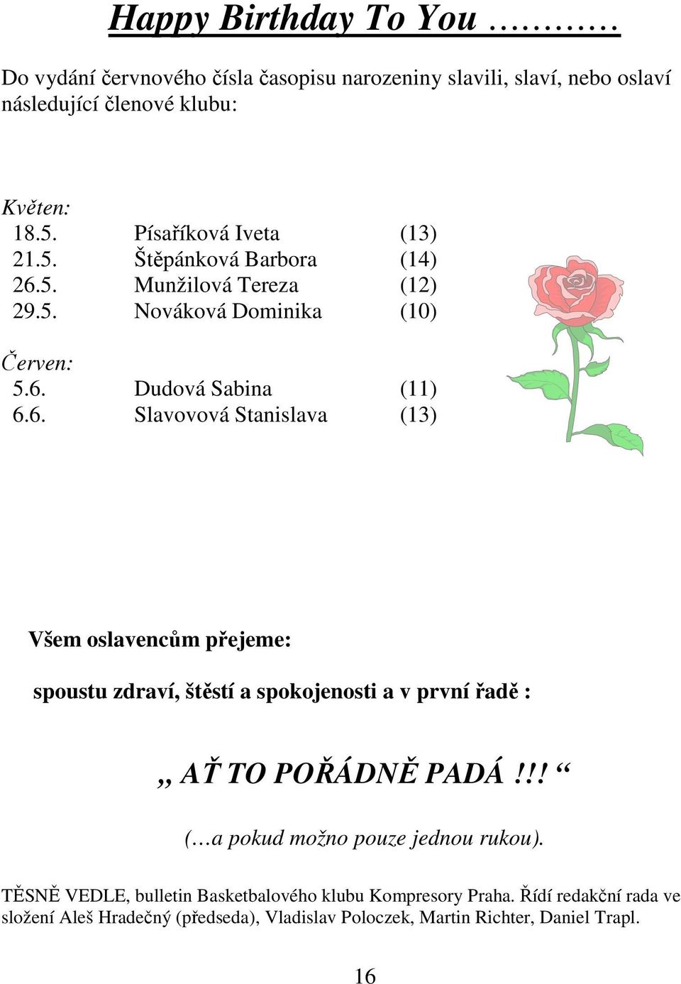 5. Munžilová Tereza (12) 29.5. Nováková Dominika (10) Červen: 5.6.