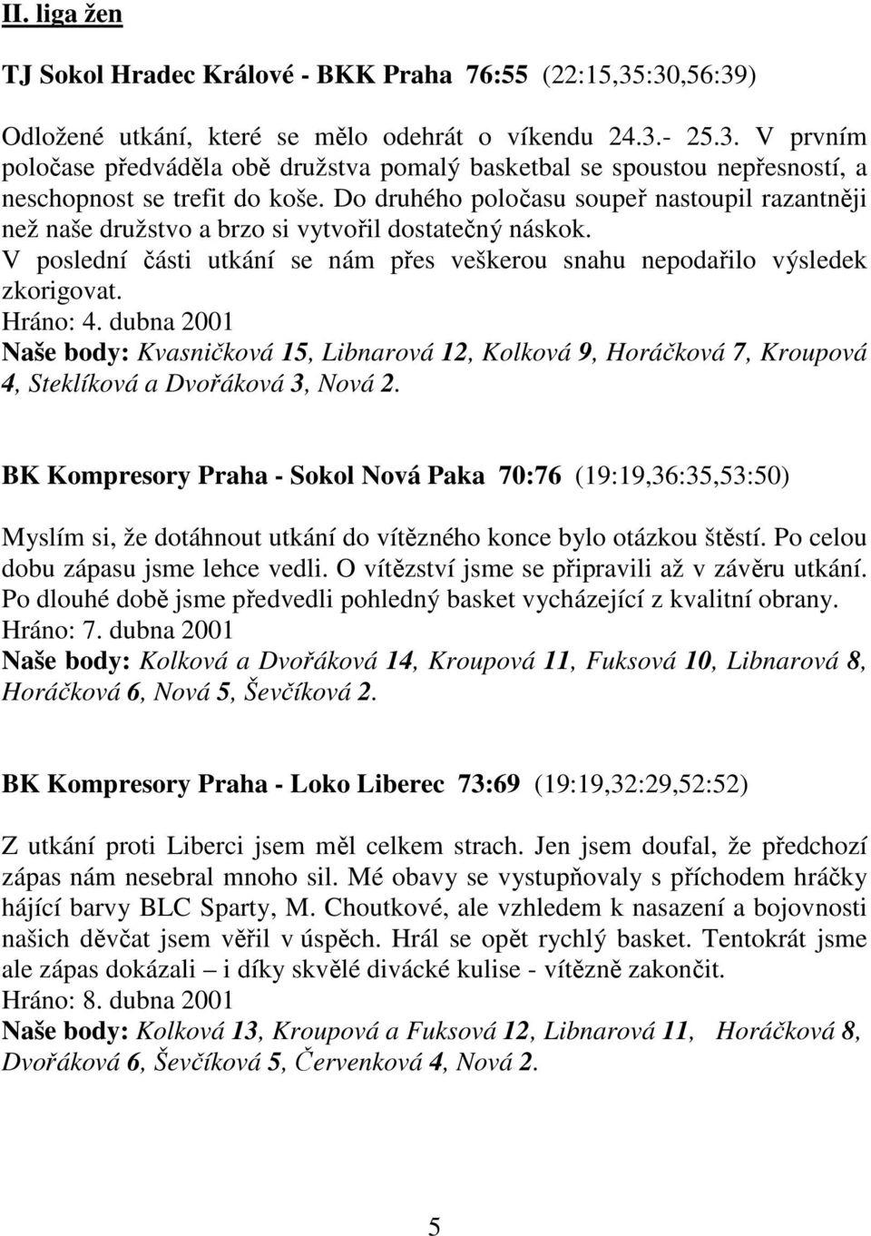 dubna 2001 Naše body: Kvasničková 15, Libnarová 12, Kolková 9, Horáčková 7, Kroupová 4, Steklíková a Dvořáková 3, Nová 2.