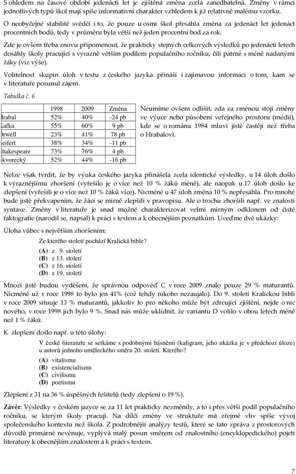 Zde je ovšem třeba znovu připomenout, že prakticky stejných celkových výsledků po jedenácti letech dosáhly školy pracující s výrazně větším podílem populačního ročníku, čili patrně s méně nadanými