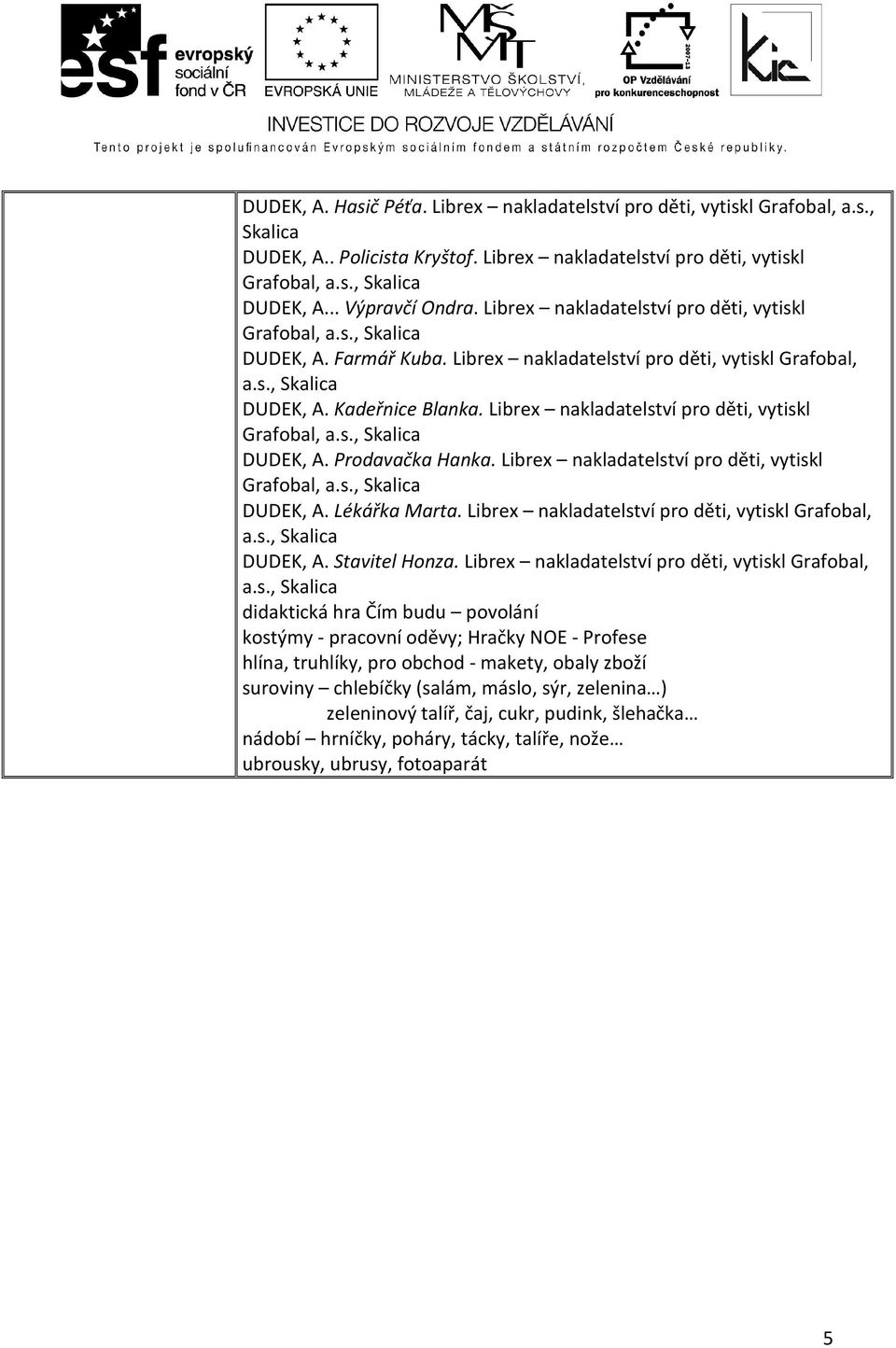 Librex nakladatelství pro děti, vytiskl Grafobal, a.s., Skalica DUDEK, A. Prodavačka Hanka. Librex nakladatelství pro děti, vytiskl Grafobal, a.s., Skalica DUDEK, A. Lékářka Marta.