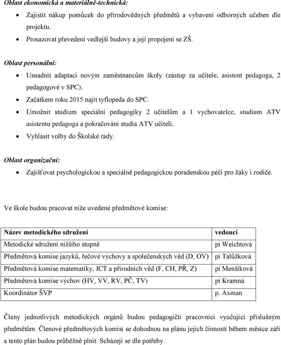 Umožnit studium speciální pedagogiky 2 učitelům a 1 vychovatelce, studium ATV asistentu pedagoga a pokračování studia ATV učiteli. Vyhlásit volby do Školské rady.