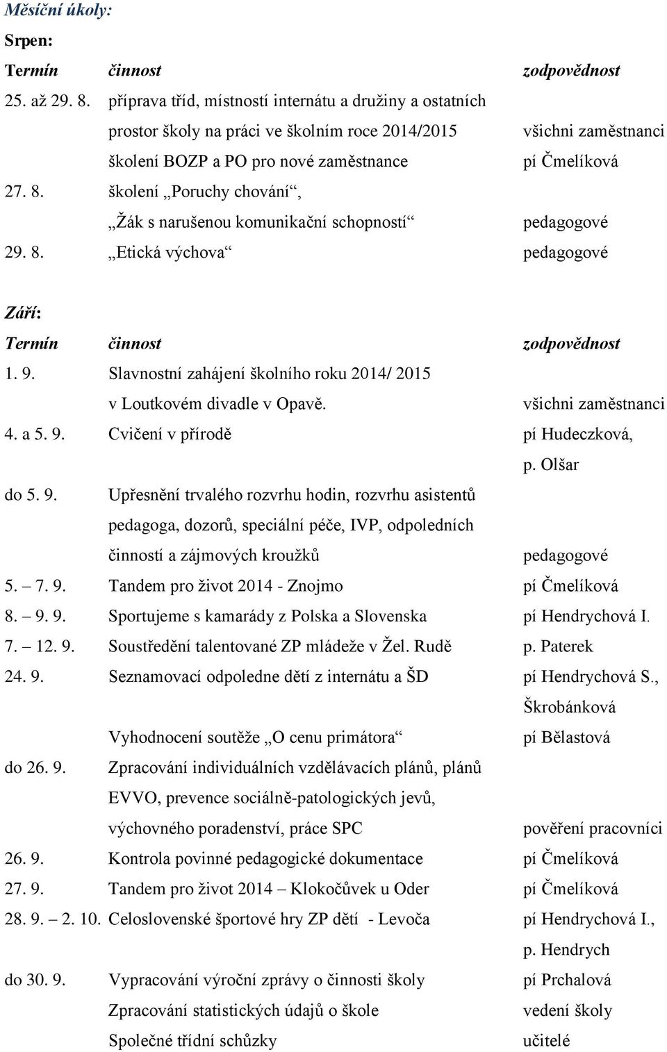 školení Poruchy chování, Žák s narušenou komunikační schopností pedagogové 29. 8. Etická výchova pedagogové Září: 1. 9. Slavnostní zahájení školního roku 2014/ 2015 v Loutkovém divadle v Opavě.