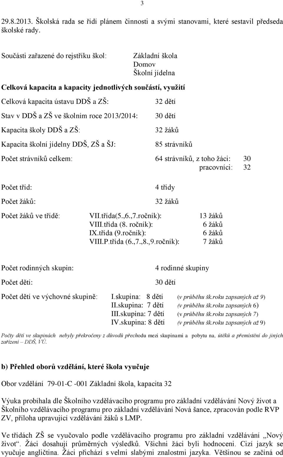 2013/2014: Kapacita školy DDŠ a ZŠ: Kapacita školní jídelny DDŠ, ZŠ a ŠJ: 32 dětí 30 dětí 32 žáků 85 strávníků Počet strávníků celkem: 64 strávníků, z toho žáci: 30 pracovníci: 32 Počet tříd: Počet