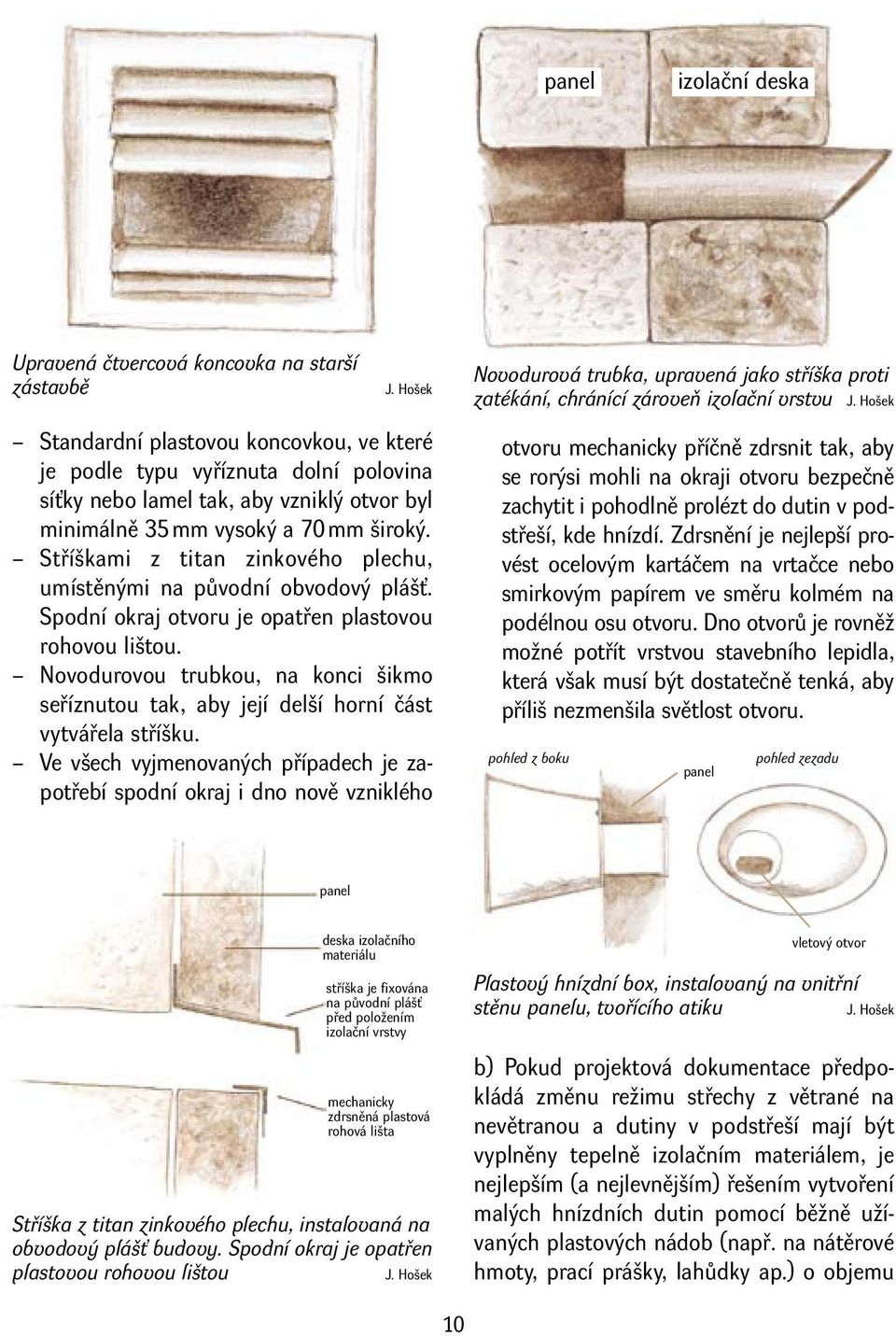 Stříškami z titan zinkového plechu, umístěnými na původní obvodový plášť. Spodní okraj otvoru je opatřen plastovou rohovou lištou.