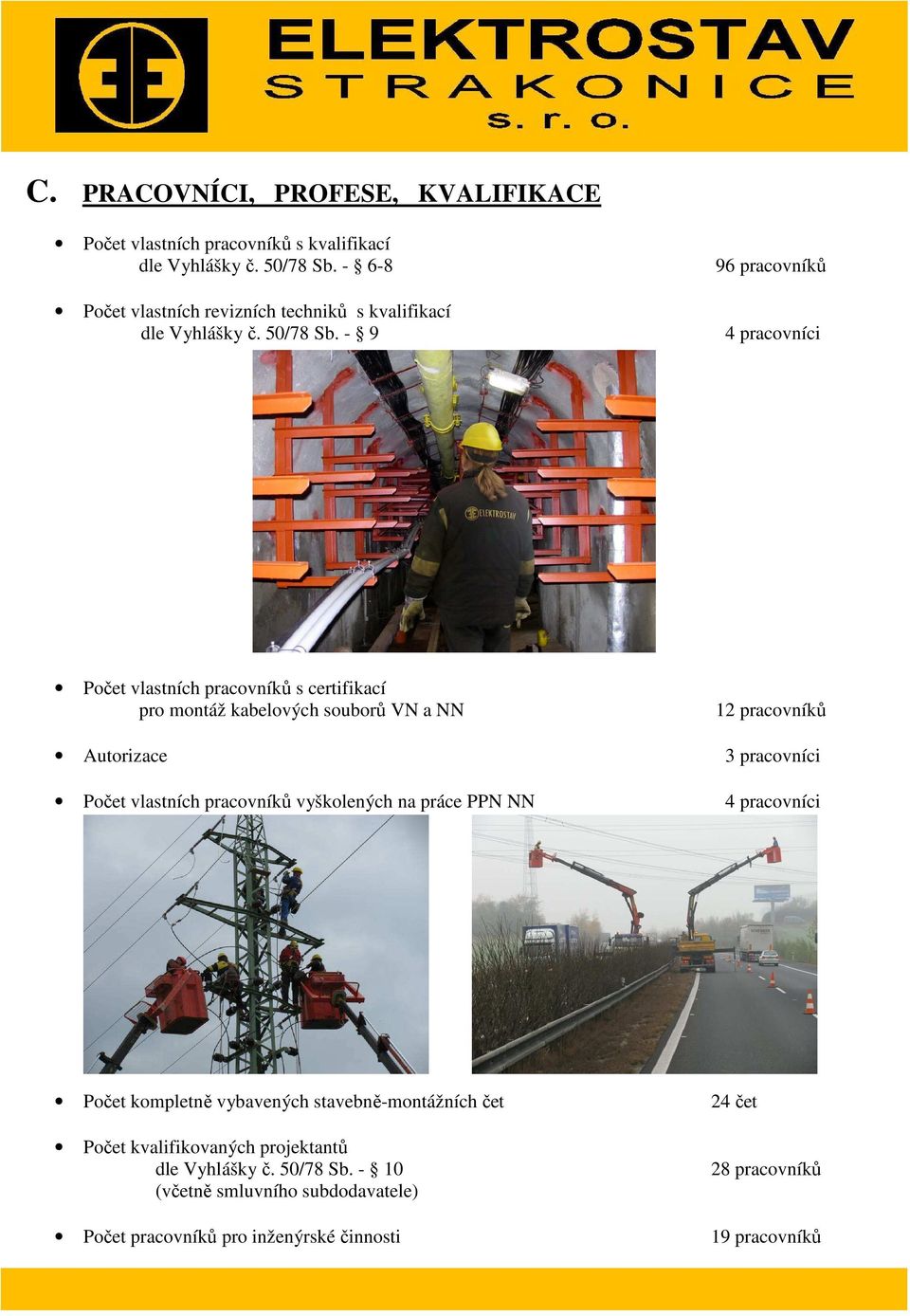 - 9 96 pracovníků 4 pracovníci Počet vlastních pracovníků s certifikací pro montáž kabelových souborů VN a NN 12 pracovníků Autorizace 3 pracovníci Počet