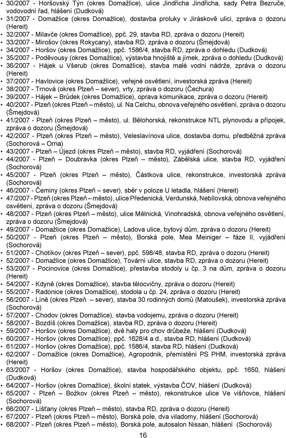 29, stavba RD, zpráva o dozoru (Hereit) 33/2007 - Mirošov (okres Rokycany), stavba RD, zpráva o dozoru (Šmejdová) 34/2007 - Horšov (okres Domažlice), ppč.