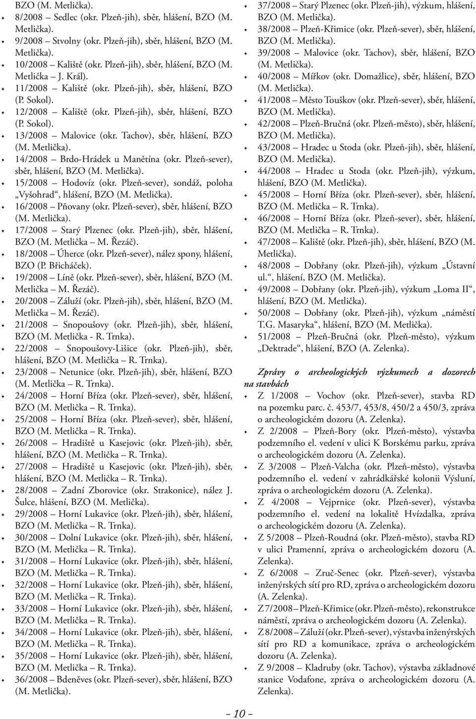 Tachov), sběr, hlášení, BZO (M. Metlička). 14/2008 Brdo-Hrádek u Manětína (okr. Plzeň-sever), sběr, hlášení, BZO (M. Metlička). 15/2008 Hodovíz (okr.