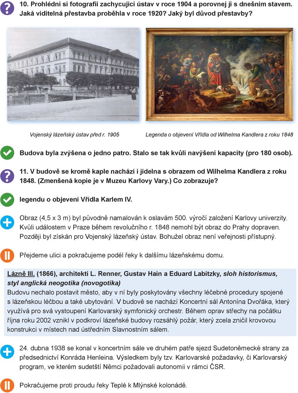 V budově se kromě kaple nachází i jídelna s obrazem od Wilhelma Kandlera z roku 1848. (Zmenšená kopie je v Muzeu Karlovy Vary.) Co zobrazuje? legendu o objevení Vřídla Karlem IV.