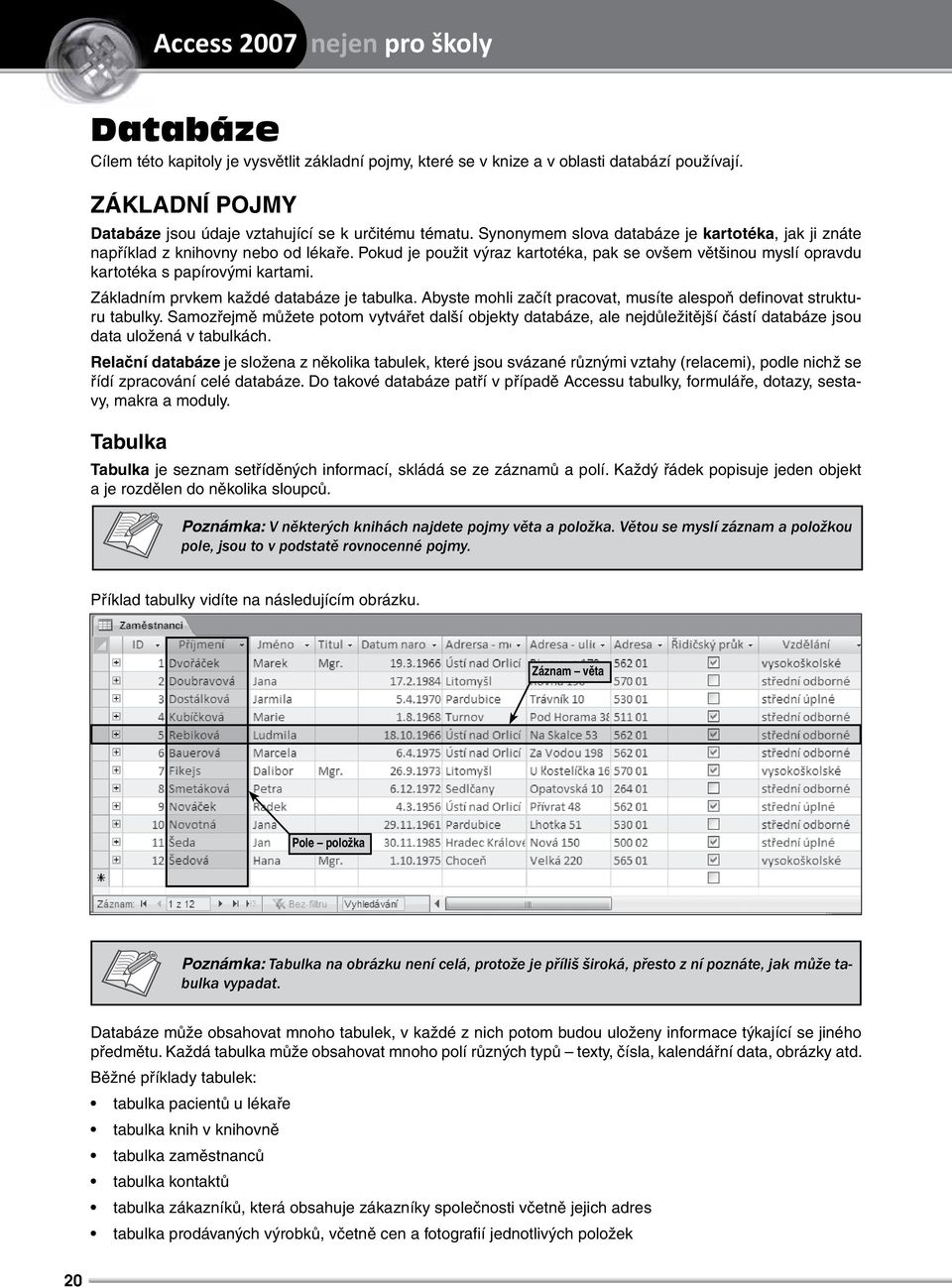 Pokud je použit výraz kartotéka, pak se ovšem většinou myslí opravdu kartotéka s papírovými kartami. Základním prvkem každé databáze je tabulka.