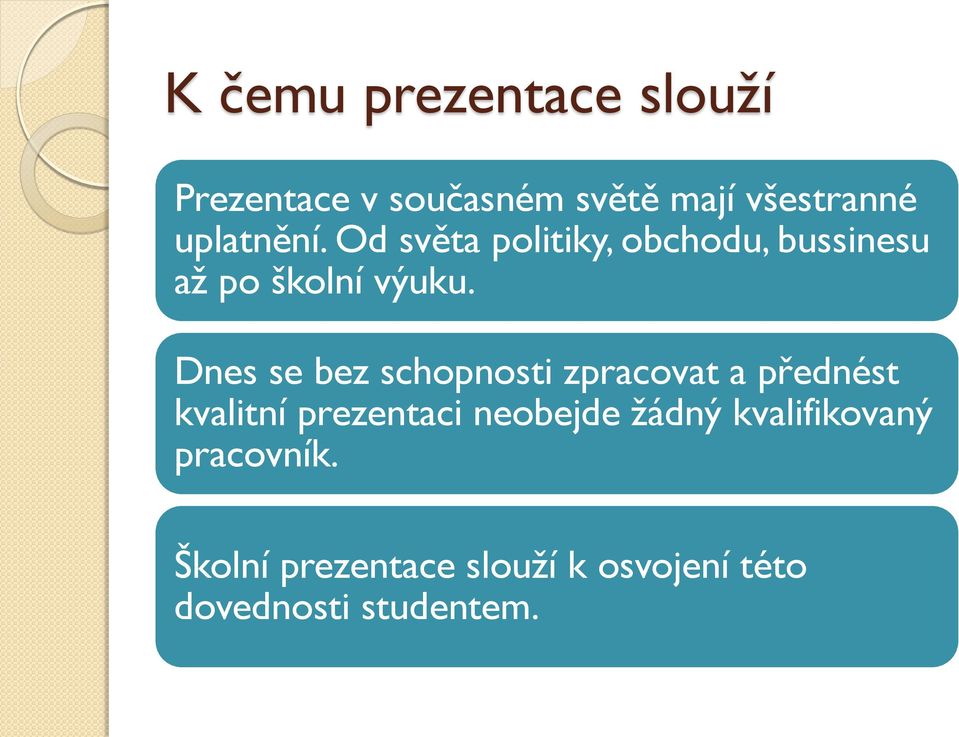 Dnes se bez schopnosti zpracovat a přednést kvalitní prezentaci neobejde