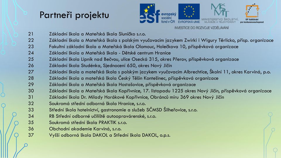 ulice Osecká 315, okres Přerov, příspěvková organizace 26 Základní škola Studénka, Sjednocení 650, okres Nový Jičín 27 Základní škola a mateřská škola s polským jazykem vyučovacím Albrechtice, Školní