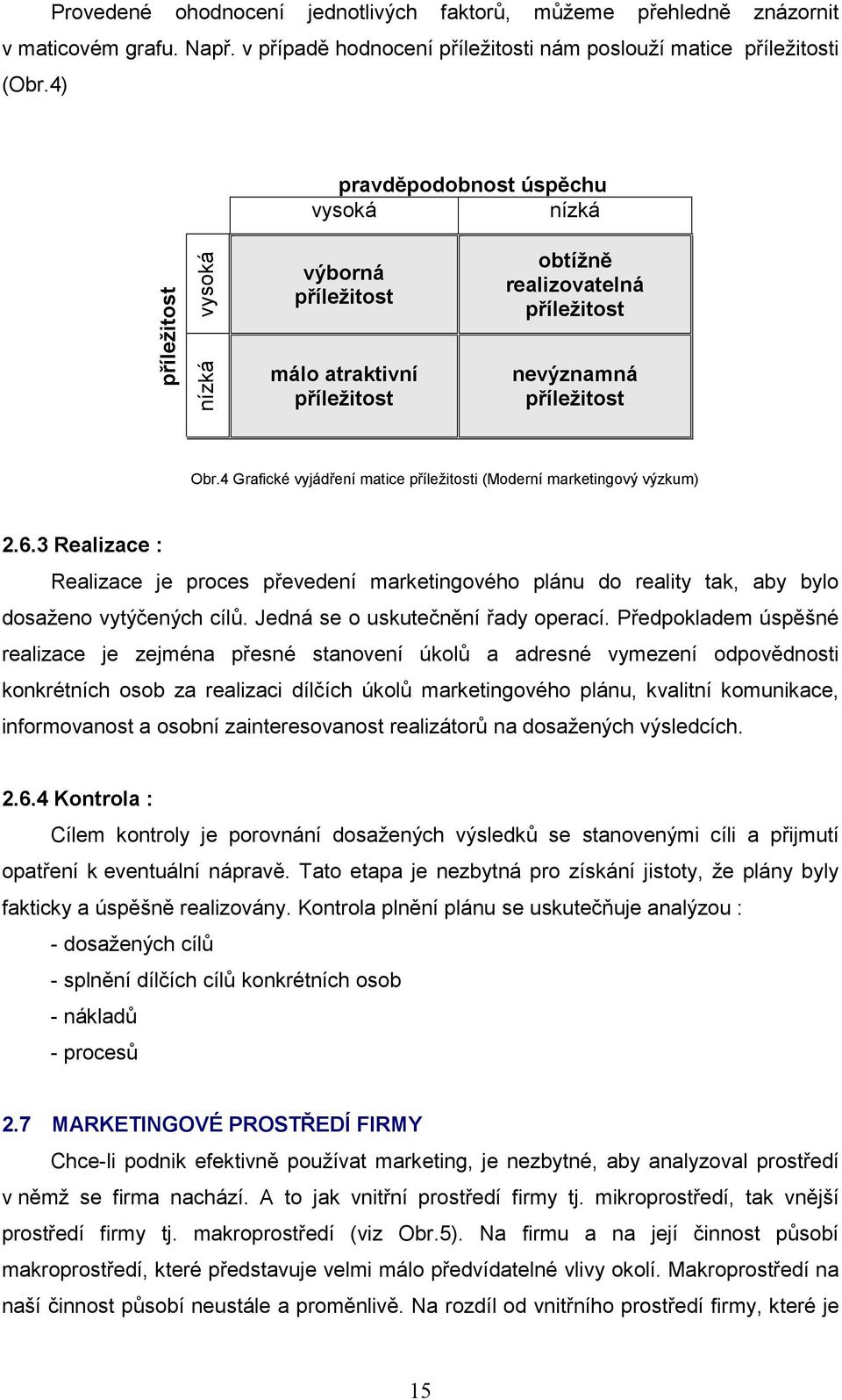 4 Grafické vyjádření matice příležitosti (Moderní marketingový výzkum) 2.6.3 Realizace : Realizace je proces převedení marketingového plánu do reality tak, aby bylo dosaženo vytýčených cílů.