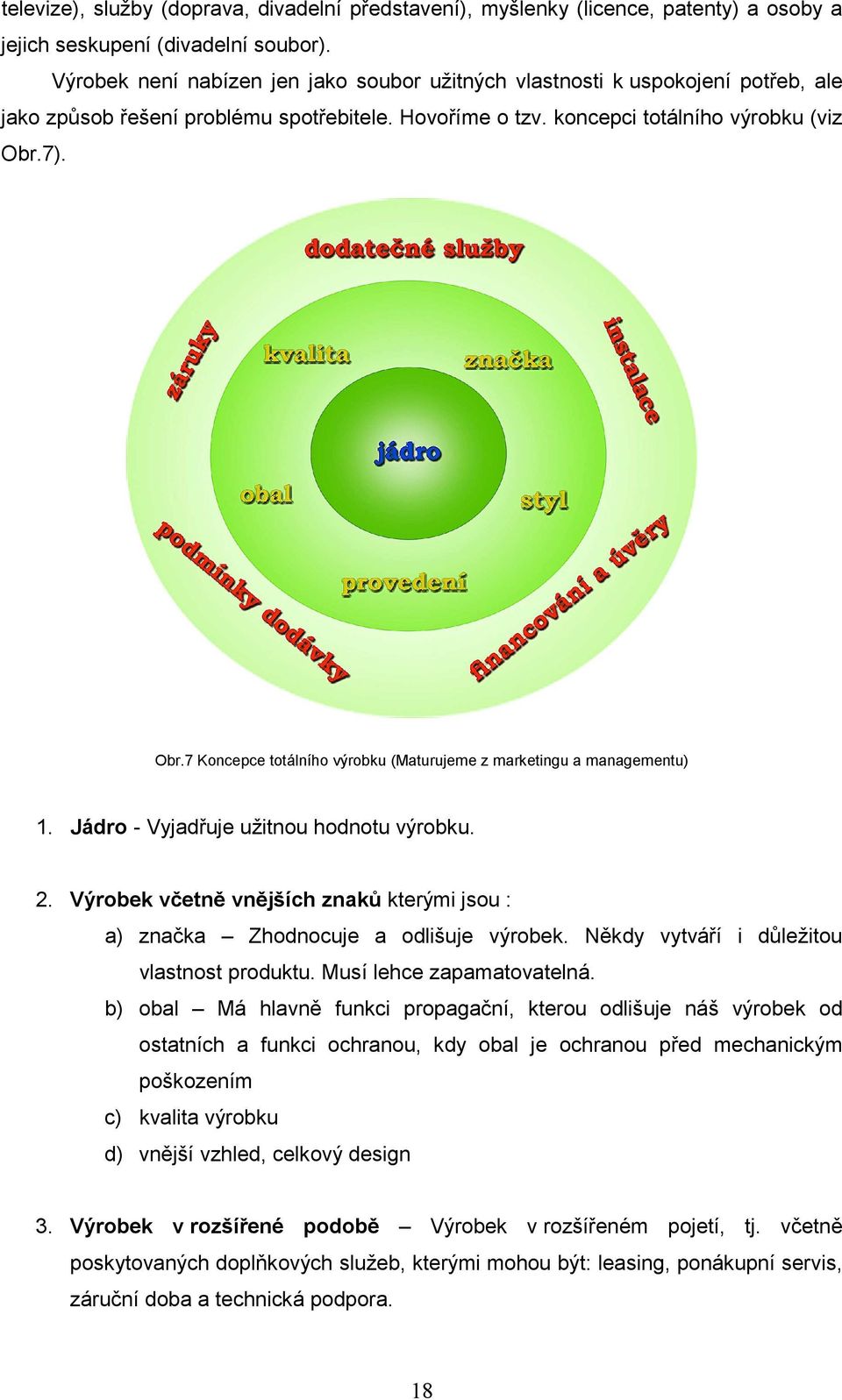 7). Obr.7 Koncepce totálního výrobku (Maturujeme z marketingu a managementu) 1. Jádro - Vyjadřuje užitnou hodnotu výrobku. 2.