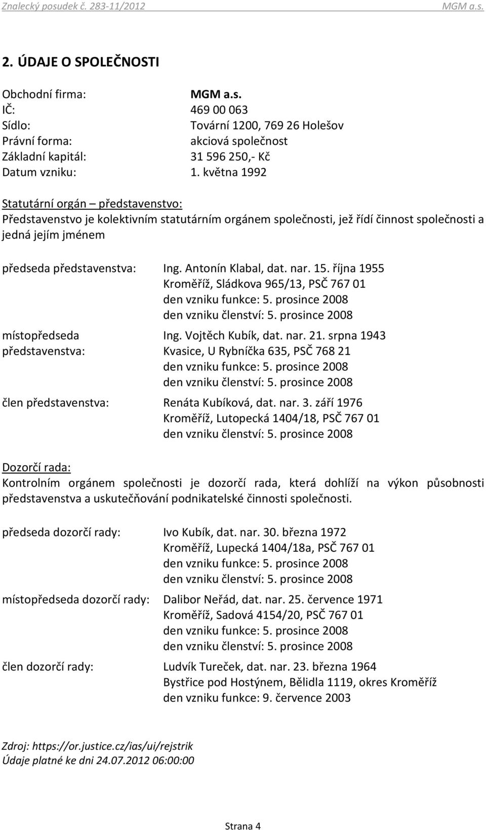 Antonín Klabal, dat. nar. 15. října 1955 Kroměříž, Sládkova 965/13, PSČ 767 01 den vzniku funkce: 5. prosince 2008 den vzniku členství: 5. prosince 2008 místopředseda představenstva: Ing.