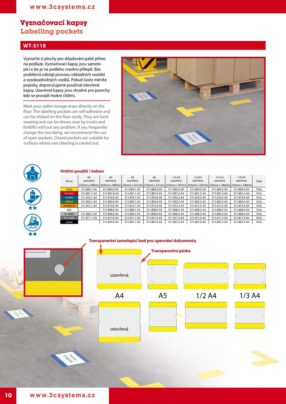 Uzavřené kapsy jsou vhodné pro povrchy, kde se provádí mokré čištění. Mark your pallet storage areas directly on the floor.