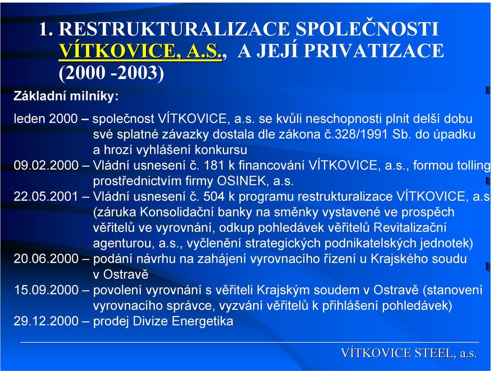 504 k programu restrukturalizace VÍTKOVICE, a.s. (záruka Konsolidační banky na směnky vystavené ve prospěch věřitelů ve vyrovnání, odkup pohledávek věřitelů Revitalizační agenturou, a.s., vyčlenění strategických podnikatelských jednotek) 20.