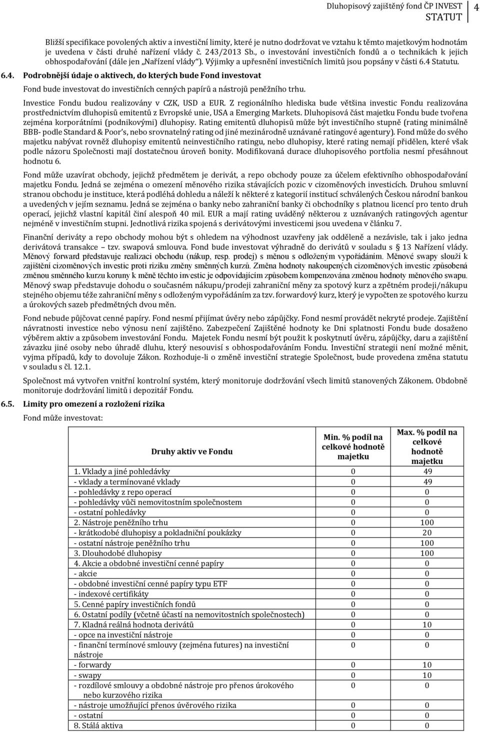 Statutu. 6.4. Podrobnější údaje o aktivech, do kterých bude Fond investovat Fond bude investovat do investičních cenných papírů a nástrojů peněžního trhu.