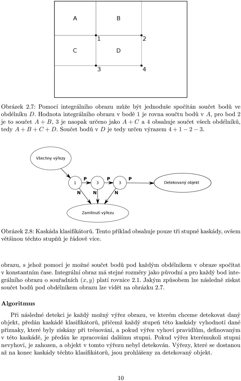 Součet bodů v D je tedy určen výrazem 4 + 1 2 3. Všechny výřezy P P P 1 3 3 Detekovaný objekt N N N Zamítnutí výřezu Obrázek 2.8: Kaskáda klasifikátorů.