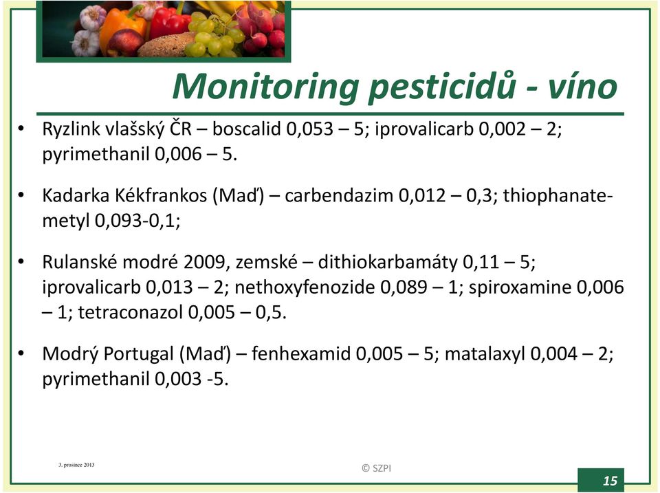 dithiokarbamáty0,11 5; iprovalicarb0,013 2; nethoxyfenozide0,089 1; spiroxamine0,006 1; tetraconazol0,005