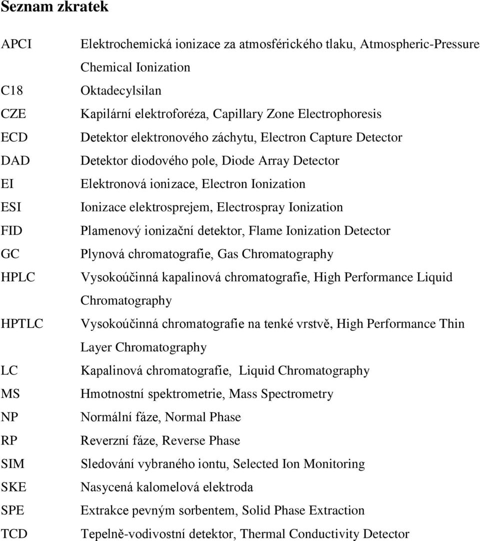 Ionization Ionizace elektrosprejem, Electrospray Ionization Plamenový ionizační detektor, Flame Ionization Detector Plynová chromatografie, Gas Chromatography Vysokoúčinná kapalinová chromatografie,