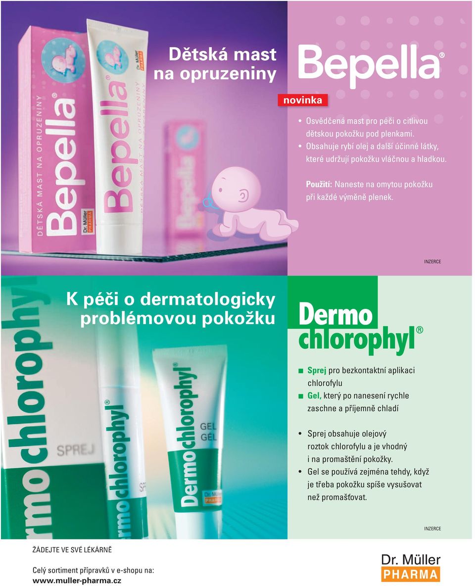 K péči o dermatologicky problémovou pokožku Sprej pro bezkontaktní aplikaci chlorofylu Gel, který po nanesení rychle zaschne a příjemně chladí Sprej obsahuje