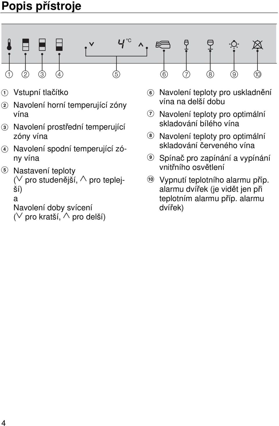 vína na delší dobu Navolení teploty pro optimální skladování bílého vína Navolení teploty pro optimální skladování červeného vína Spínač pro