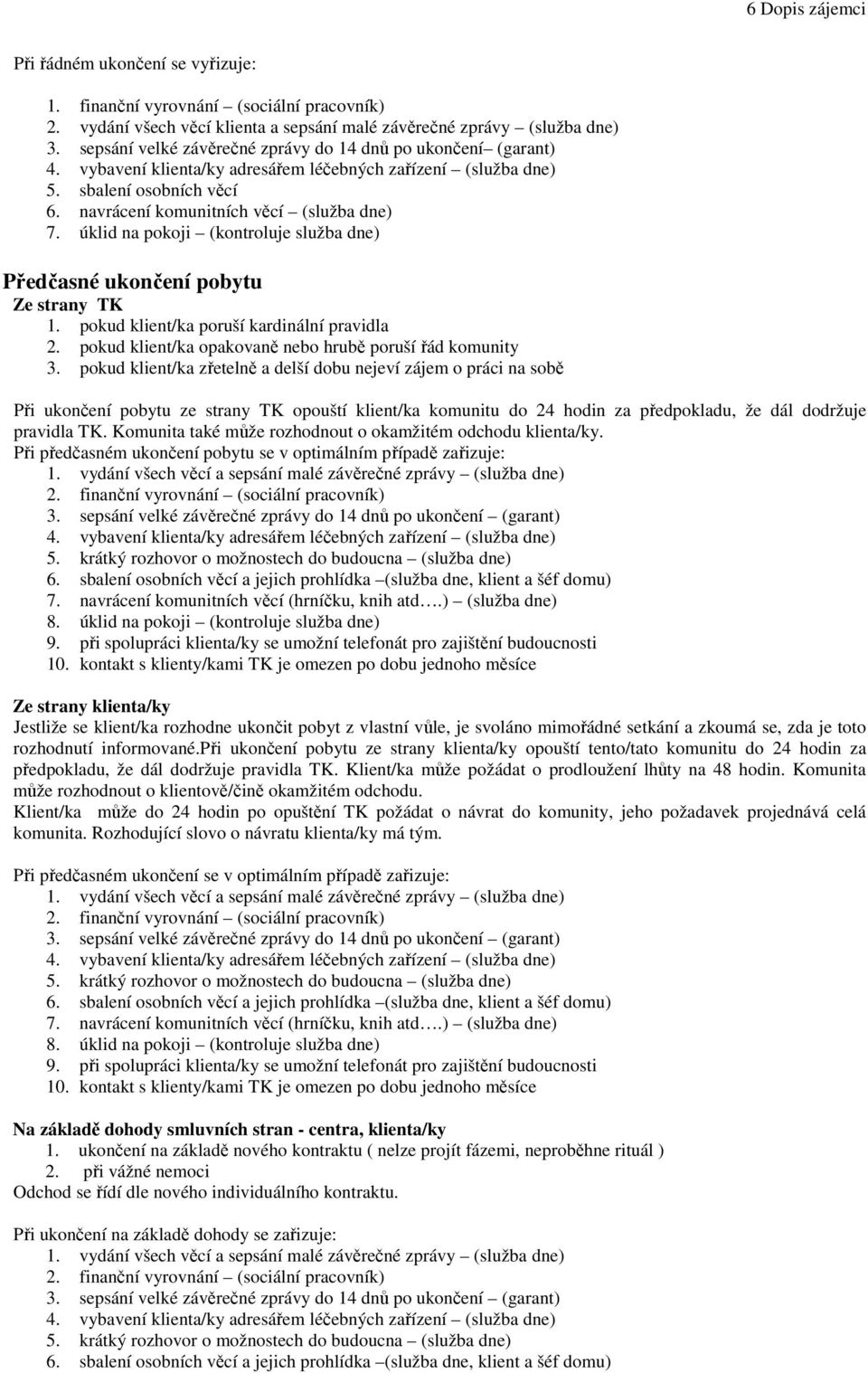 úklid na pokoji (kontroluje služba dne) Předčasné ukončení pobytu Ze strany TK 1. pokud klient/ka poruší kardinální pravidla 2. pokud klient/ka opakovaně nebo hrubě poruší řád komunity 3.