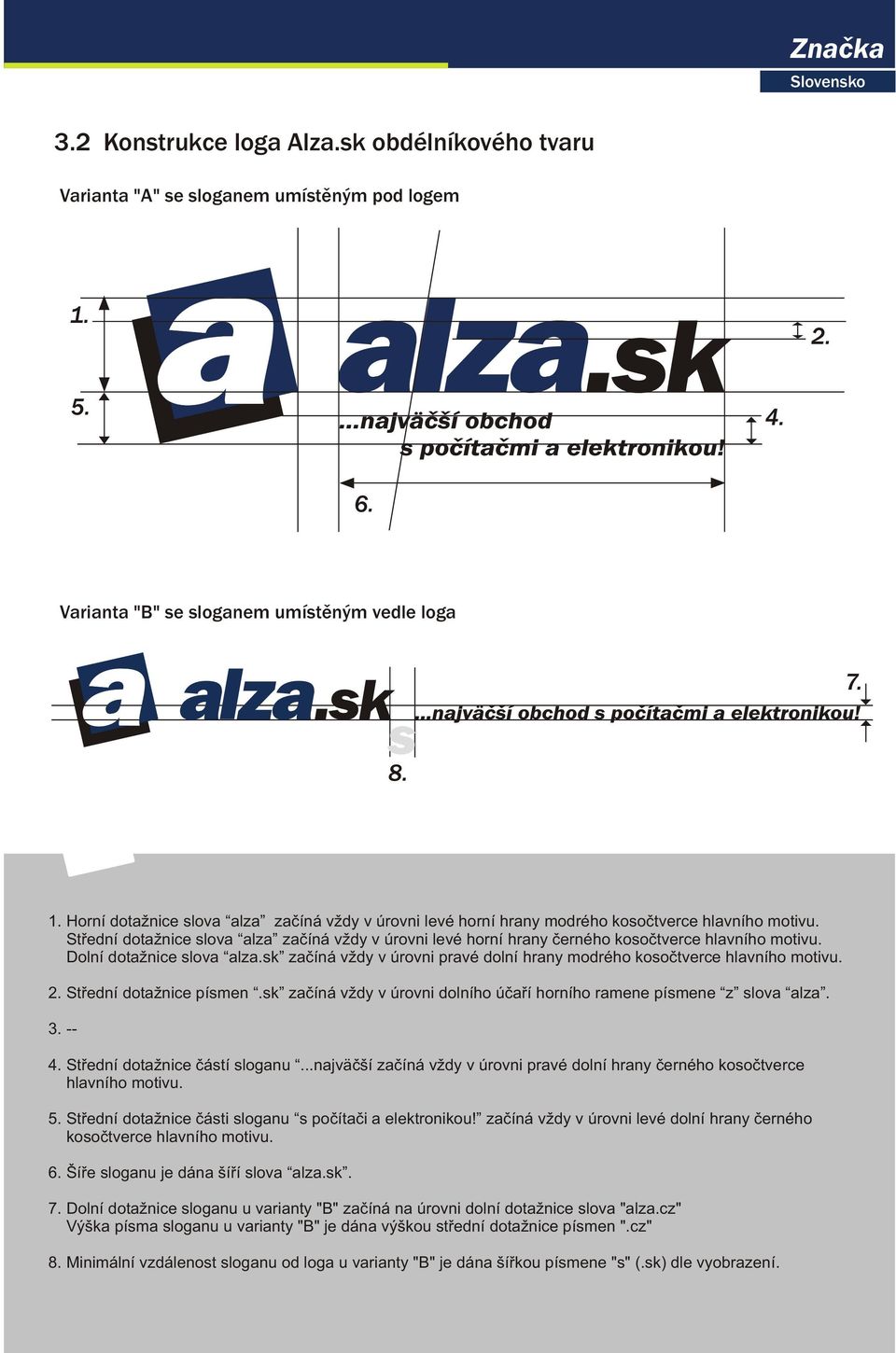 Støední dotažnice slova alza zaèíná vždy v úrovni levé horní hrany èerného kosoètverce hlavního motivu. Dolní dotažnice slova alza.