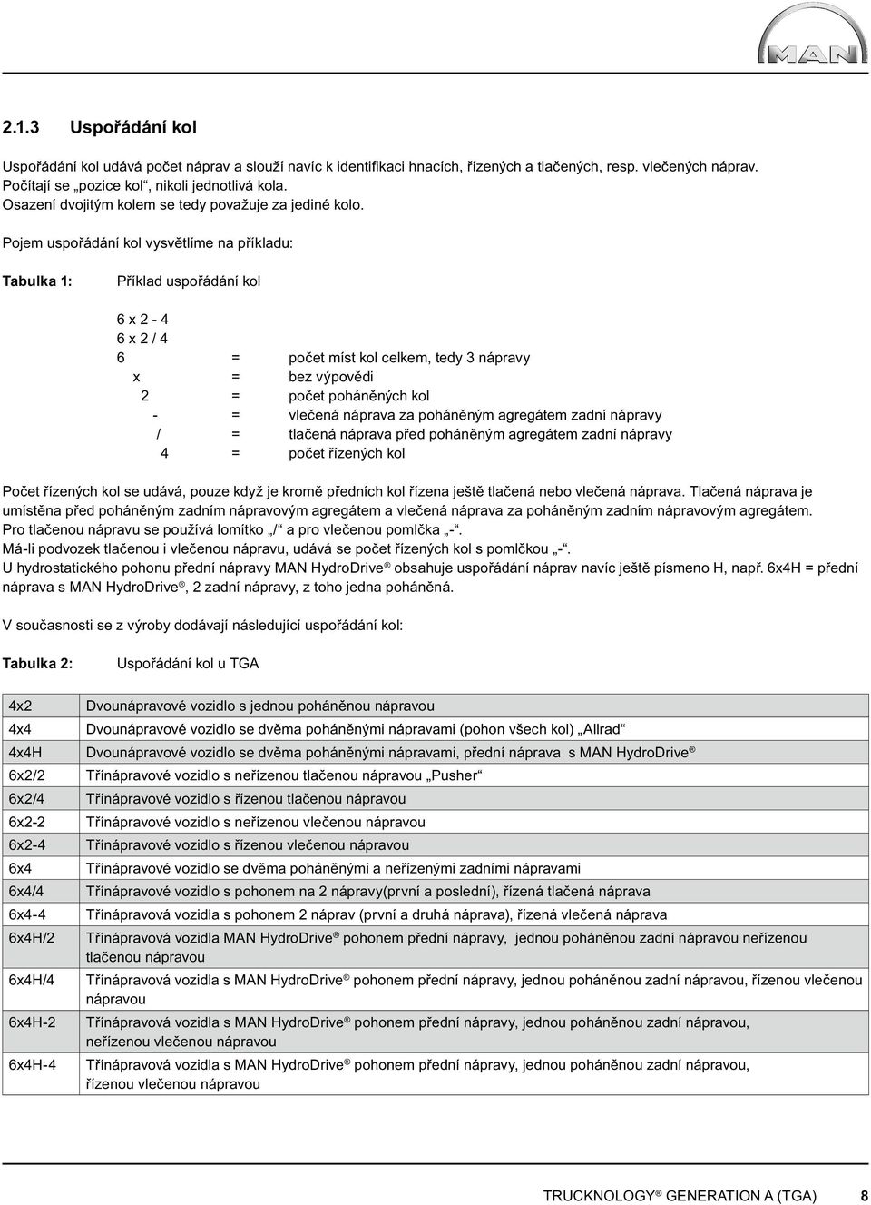 Pojem uspořádání kol vysvětlíme na příkladu: Tabulka 1: Příklad uspořádání kol 6 x 2-4 6 x 2 / 4 6 = počet míst kol celkem, tedy 3 nápravy x = bez výpovědi 2 = počet poháněných kol - = vlečená