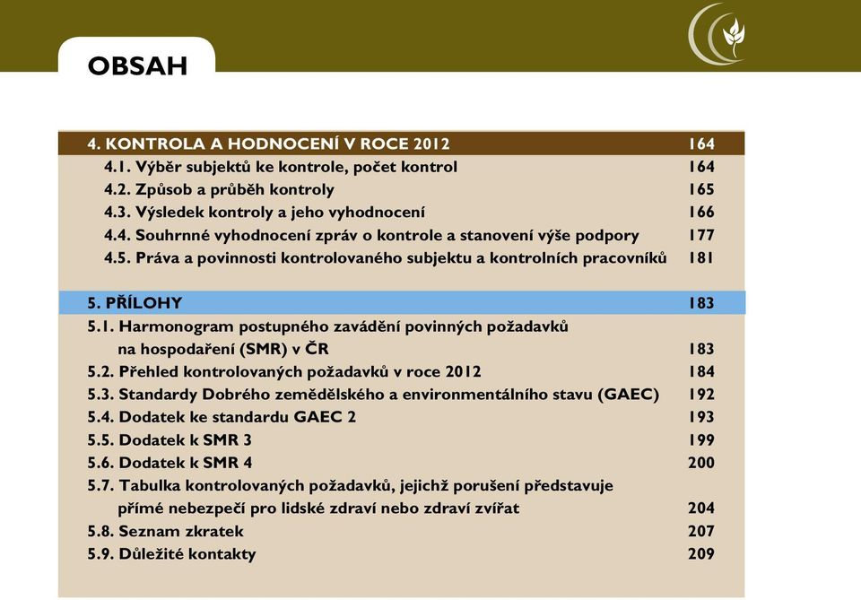 Přehled kontrolovaných požadavků v roce 2012 184 5.3. Standardy Dobrého zemědělského a environmentálního stavu (GAEC) 192 5.4. Dodatek ke standardu GAEC 2 193 5.5. Dodatek k SMR 3 199 5.6.