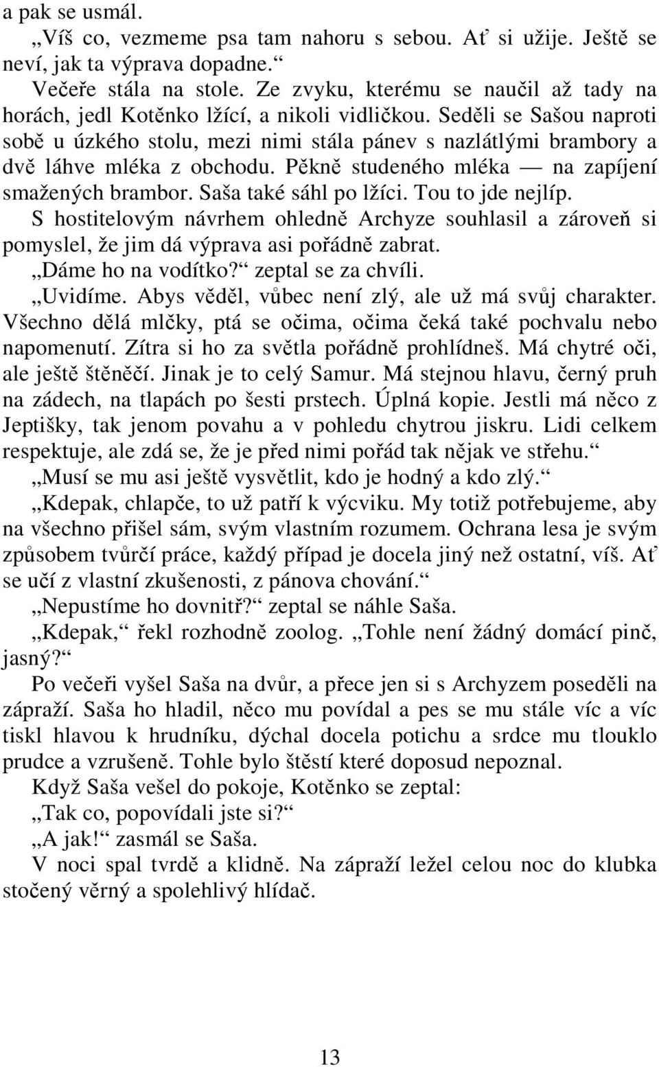 Seděli se Sašou naproti sobě u úzkého stolu, mezi nimi stála pánev s nazlátlými brambory a dvě láhve mléka z obchodu. Pěkně studeného mléka na zapíjení smažených brambor. Saša také sáhl po lžíci.