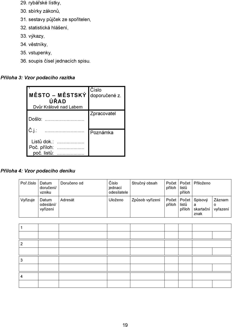 listů:... Číslo doporučené z. Zpracovatel Poznámka Příloha 4: Vzor podacího deníku Poř.