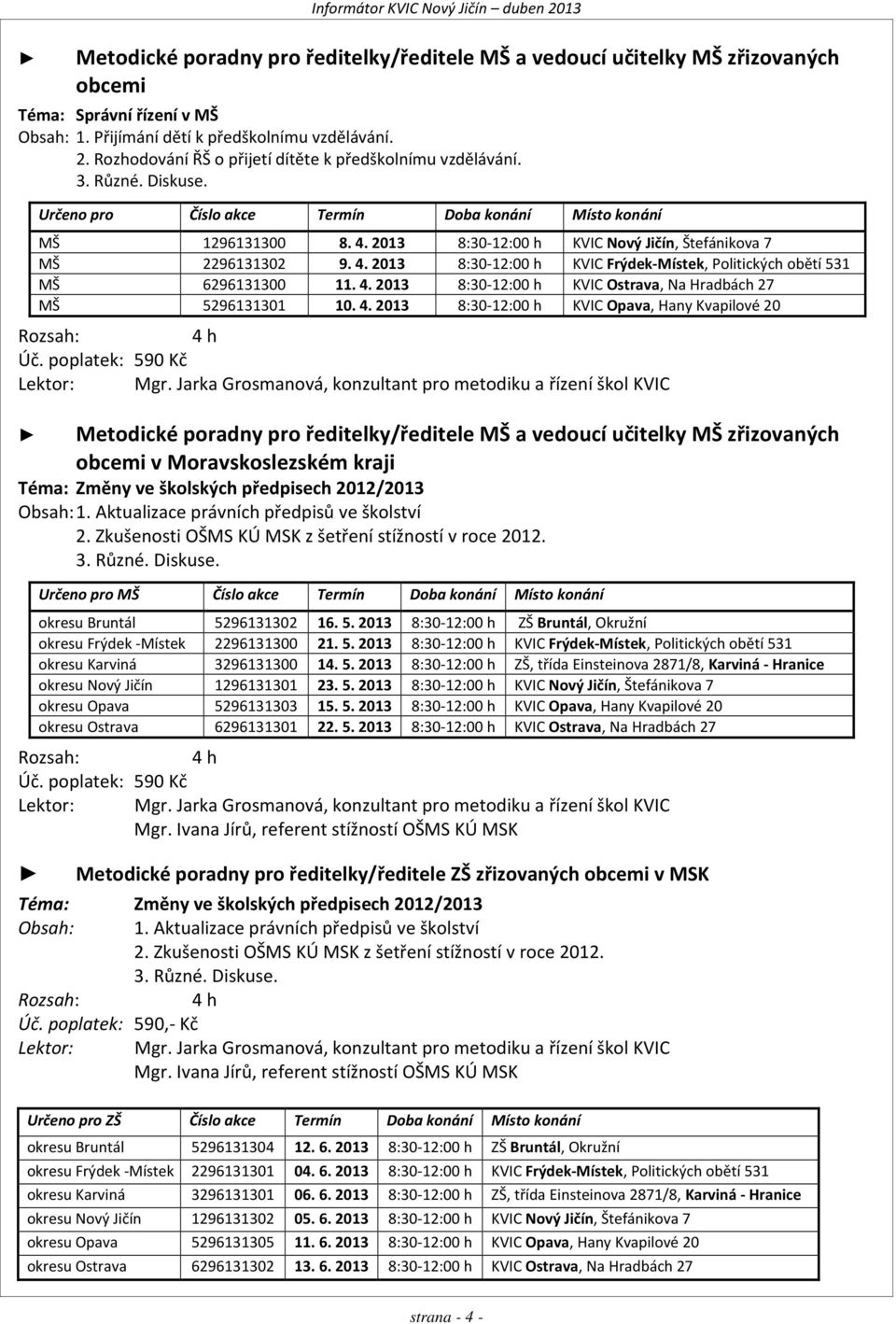 4. 2013 8:30-12:00 h KVIC Ostrava, Na Hradbách 27 MŠ 5296131301 10. 4. 2013 8:30-12:00 h KVIC Opava, Hany Kvapilové 20 Rozsah: 4 h Úč. poplatek: 590 Kč Lektor: Mgr.