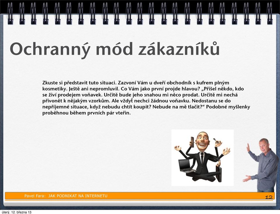 Určitě bude jeho snahou mi něco prodat. Určitě mi nechá přivonět k nějakým vzorkům. Ale vždyť nechci žádnou voňavku.