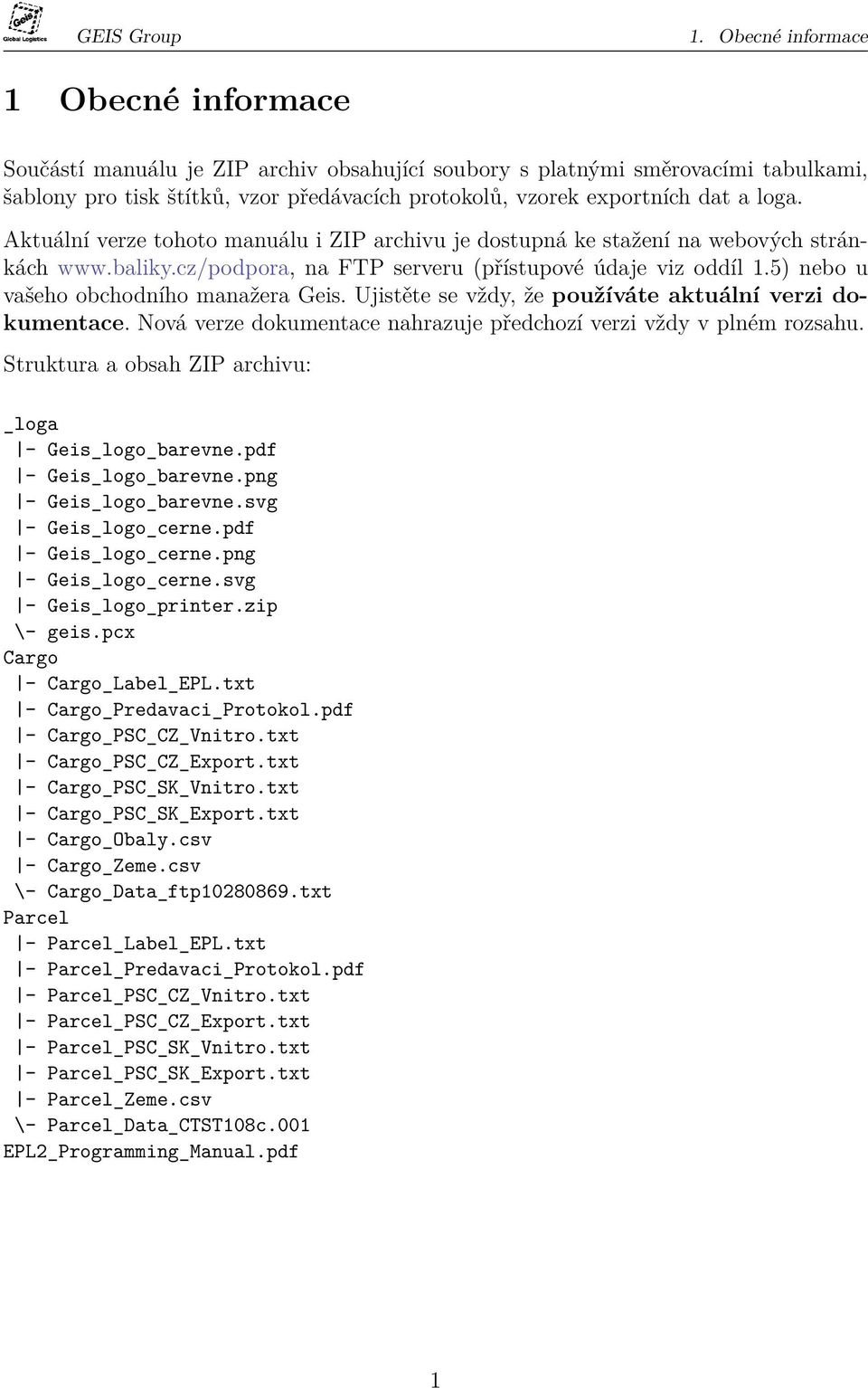 loga. Aktuální verze tohoto manuálu i ZIP archivu je dostupná ke stažení na webových stránkách www.baliky.cz/podpora, na FTP serveru (přístupové údaje viz oddíl 1.