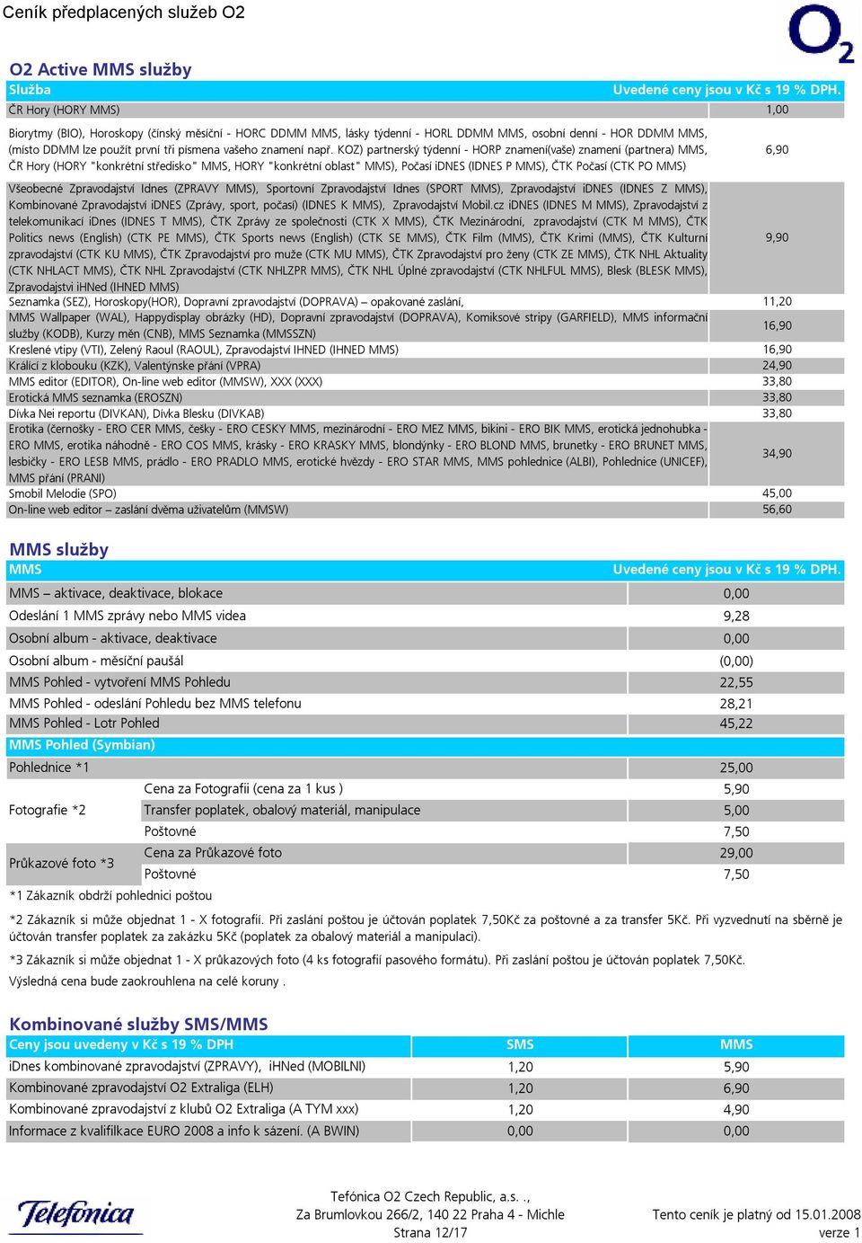 Všeobecné Zpravodajství Idnes (ZPRAVY MMS), Sportovní Zpravodajství Idnes (SPORT MMS), Zpravodajství idnes (IDNES Z MMS), Kombinované Zpravodajství idnes (Zprávy, sport, počasí) (IDNES KMMS),