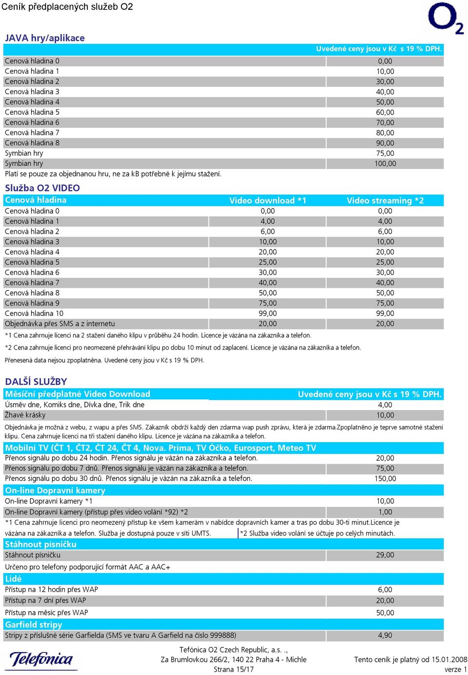 O2 VIDEO Cenová hladina Cenová hladina 0 Cenová hladina 1 Video download *1 Video streaming *2 4,00 4,00 Cenová hladina 2 6,00 6,00 Cenová hladina 3 1 1 Cenová hladina 4 2 2 Cenová hladina 5 25,00