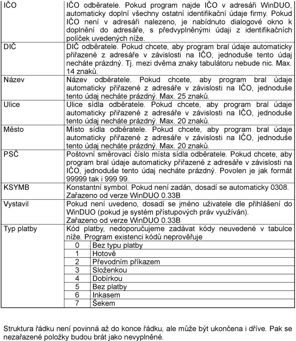 Pokud chcete, aby program bral údaje automaticky přiřazené z adresáře v závislosti na IČO, jednoduše tento údaj necháte prázdný. Tj. mezi dvěma znaky tabulátoru nebude nic. Max. 14 znaků.