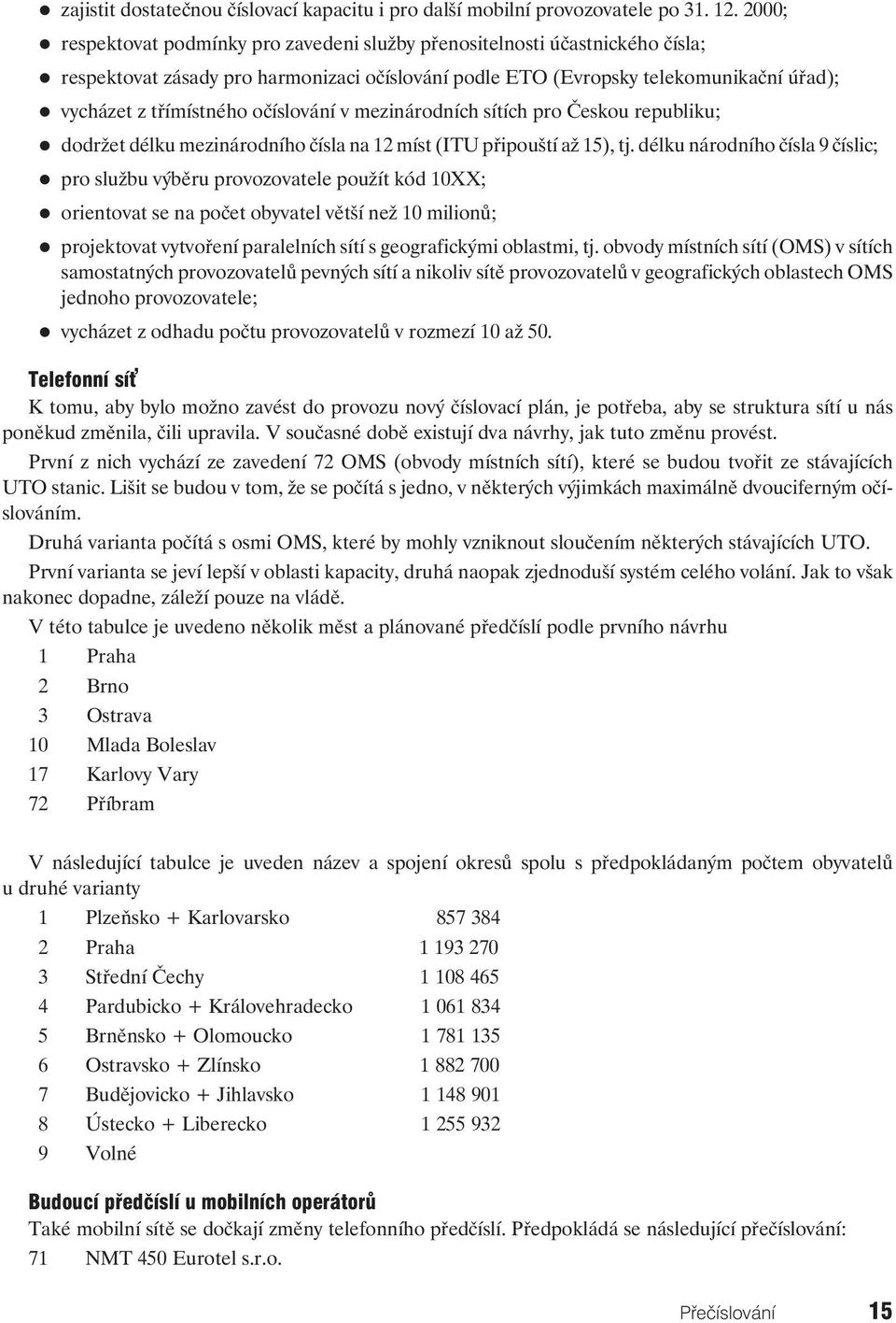 použít kód 10XX; orientovat se na počet obyvatel větší než 10 milionů; respektovat zásady pro harmonizaci očíslování podle ETO (Evropsky telekomunikační úřad); dodržet délku mezinárodního čísla na 12