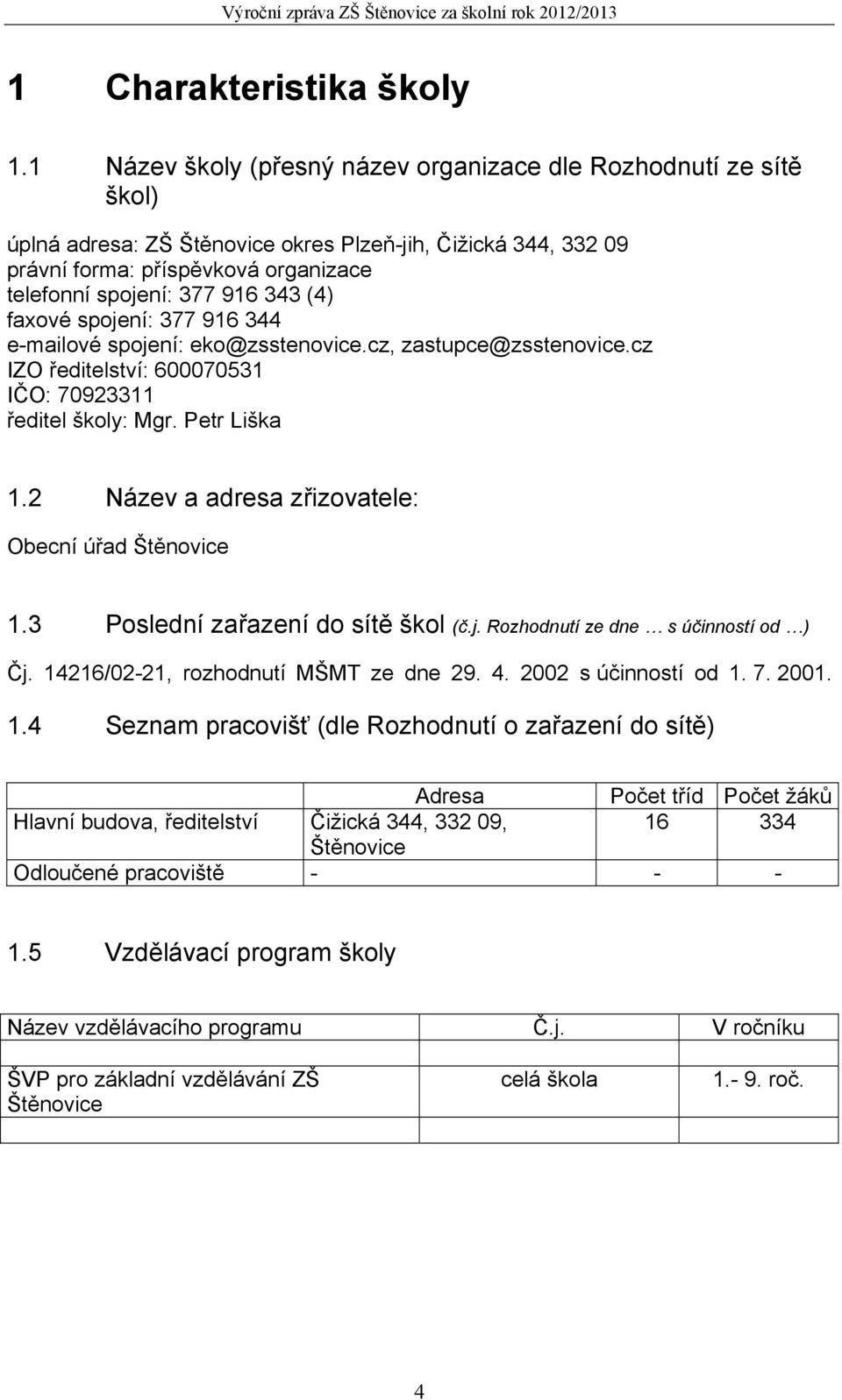 (4) faxové spojení: 377 916 344 e-mailové spojení: eko@zsstenovice.cz, zastupce@zsstenovice.cz IZO ředitelství: 600070531 IČO: 70923311 ředitel školy: Mgr. Petr Liška 1.