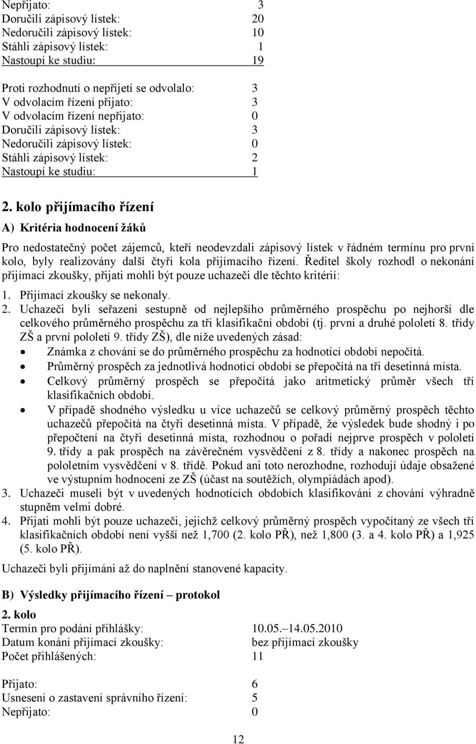 kolo přijímacího řízení A) Kritéria hodnocení ţáků Pro nedostatečný počet zájemců, kteří neodevzdali zápisový lístek v řádném termínu pro první kolo, byly realizovány další čtyři kola přijímacího