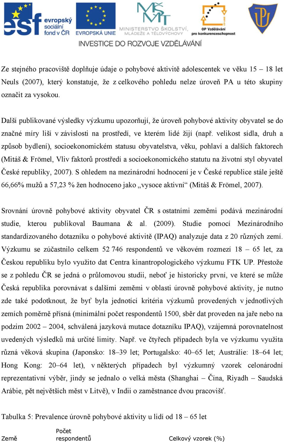 velikost sídla, druh a způsob bydlení), socioekonomickém statusu obyvatelstva, věku, pohlaví a dalších faktorech (Mitáš & Frömel, Vliv faktorů prostředí a socioekonomického statutu na životní styl