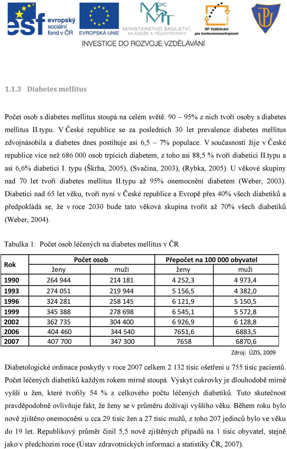 V současnosti žije v České republice více než 686 000 osob trpících diabetem, z toho asi 88,5 % tvoří diabetici II.typu a asi 6,6% diabetici I. typu (Škrha, 2005), (Svačina, 2003), (Rybka, 2005).