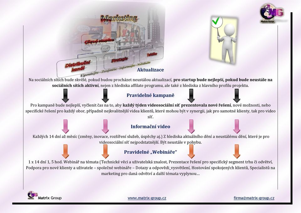 Pravidelné kampaně Pro kampaně bude nejlepší, vyčlenit čas na to, aby každý týden videosociální síť prezentovala nové řešení, nové možnosti, nebo specifické řešení pro každý obor, případně