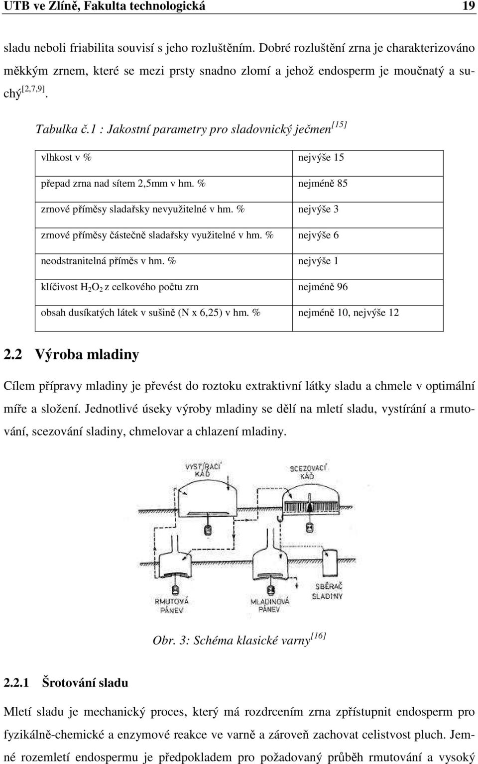 1 : Jakostní parametry pro sladovnický ječmen [15] vlhkost v % nejvýše 15 přepad zrna nad sítem 2,5mm v hm. % nejméně 85 zrnové příměsy sladařsky nevyužitelné v hm.