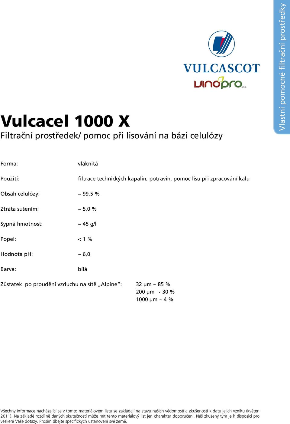 Obsah celulózy: ~ 99,5 % Ztráta sušením: ~ 5,0 % Sypná hmotnost: ~ 45 g/l Popel: < 1 % Hodnota ph: ~