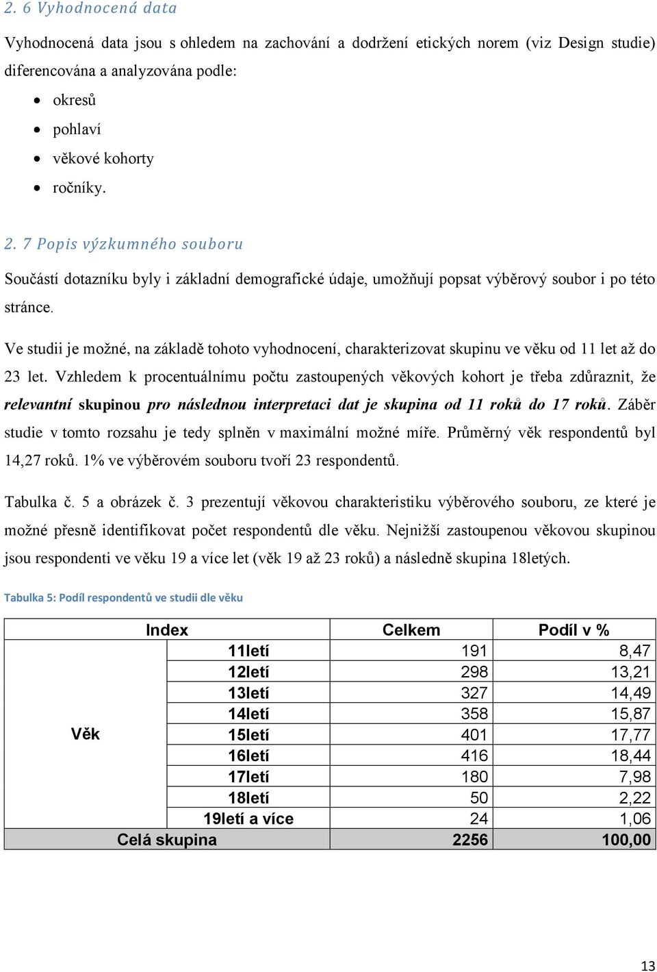 Ve studii je moţné, na základě tohoto vyhodnocení, charakterizovat skupinu ve věku od 11 let aţ do 23 let.