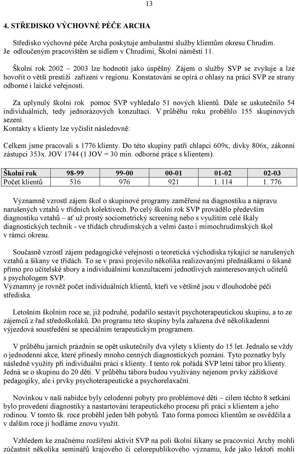 Konstatování se opírá o ohlasy na práci SVP ze strany odborné i laické veřejnosti. Za uplynulý školní rok pomoc SVP vyhledalo 51 nových klientů.