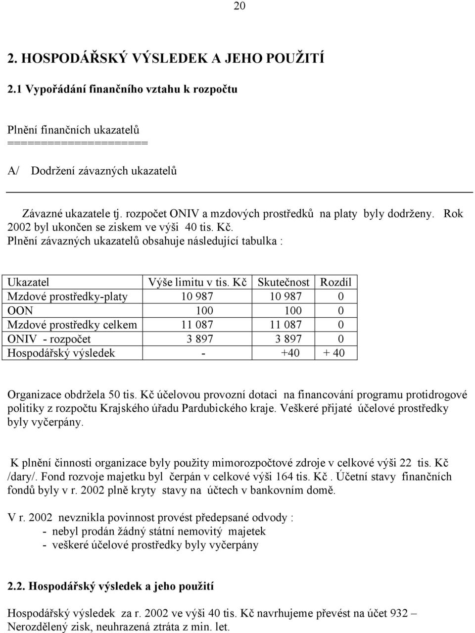 Kč Skutečnost Rozdíl Mzdové prostředky-platy 10 987 10 987 0 OON 100 100 0 Mzdové prostředky celkem 11 087 11 087 0 ONIV - rozpočet 3 897 3 897 0 Hospodářský výsledek - +40 + 40 Organizace obdržela