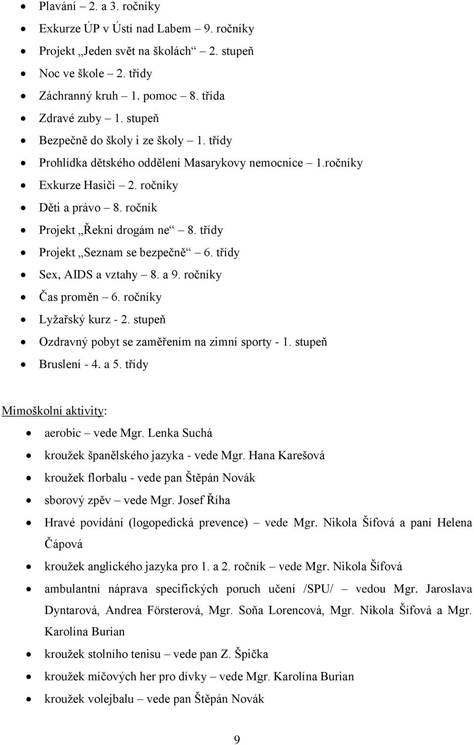 třídy Projekt Seznam se bezpečně 6. třídy Sex, AIDS a vztahy 8. a 9. ročníky Čas proměn 6. ročníky Lyžařský kurz - 2. stupeň Ozdravný pobyt se zaměřením na zimní sporty - 1. stupeň Bruslení - 4. a 5.